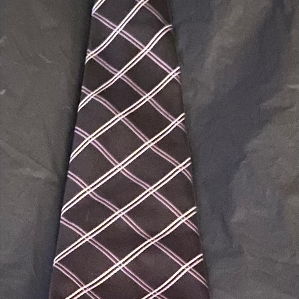 Men’s Necktie: Black with dark grey and white stripe.